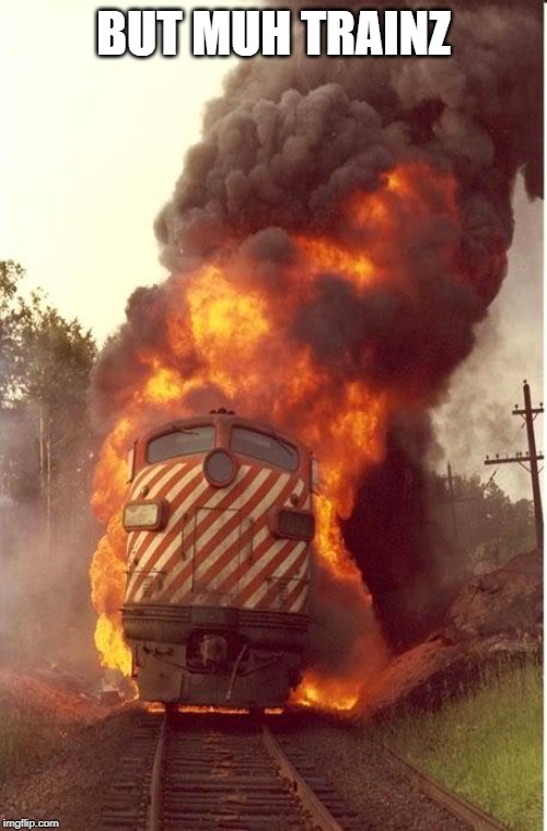 Train Fire | BUT MUH TRAINZ | image tagged in train fire | made w/ Imgflip meme maker