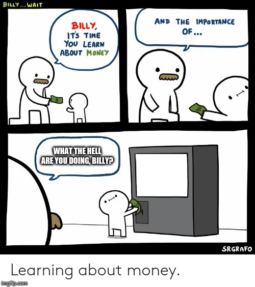Billy Learning About Money | WHAT THE HELL ARE YOU DOING, BILLY? | image tagged in billy learning about money | made w/ Imgflip meme maker