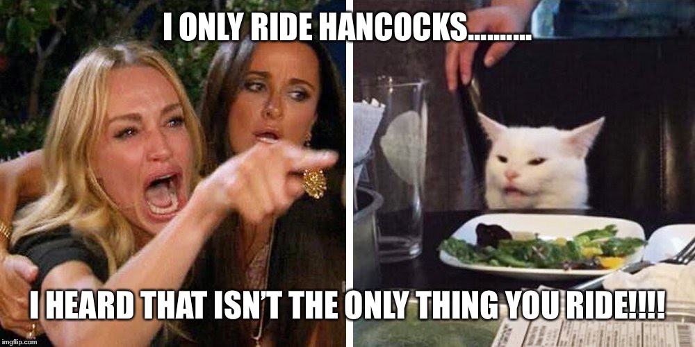 Smudge the cat | I ONLY RIDE HANCOCKS.......... I HEARD THAT ISN’T THE ONLY THING YOU RIDE!!!! | image tagged in smudge the cat | made w/ Imgflip meme maker