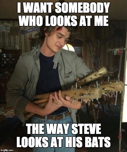 I WANT SOMEBODY WHO LOOKS AT ME; THE WAY STEVE LOOKS AT HIS BATS | image tagged in stranger things | made w/ Imgflip meme maker
