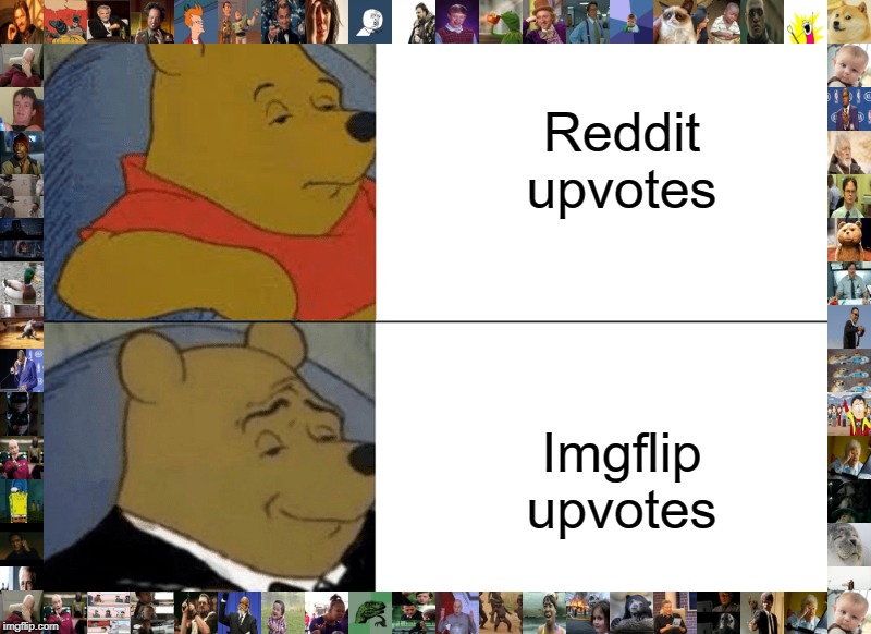 Tuxedo Winnie The Pooh Meme | Reddit upvotes; Imgflip upvotes | image tagged in memes,tuxedo winnie the pooh | made w/ Imgflip meme maker