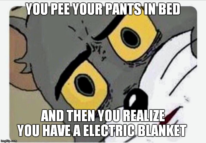 Disturbed Tom | YOU PEE YOUR PANTS IN BED; AND THEN YOU REALIZE YOU HAVE A ELECTRIC BLANKET | image tagged in disturbed tom | made w/ Imgflip meme maker