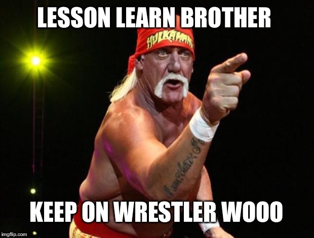 Hulk Hogan | LESSON LEARN BROTHER; KEEP ON WRESTLER WOOO | image tagged in hulk hogan | made w/ Imgflip meme maker