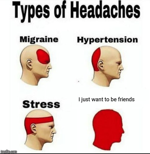 Types of Headaches meme | I just want to be friends | image tagged in types of headaches meme | made w/ Imgflip meme maker