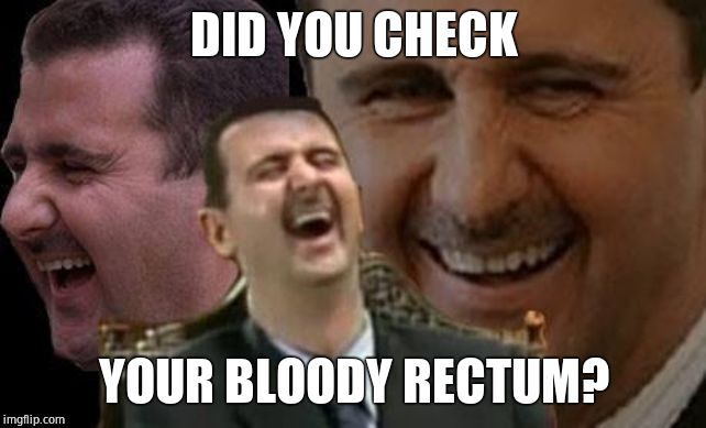 Assad laugh | DID YOU CHECK YOUR BLOODY RECTUM? | image tagged in assad laugh | made w/ Imgflip meme maker