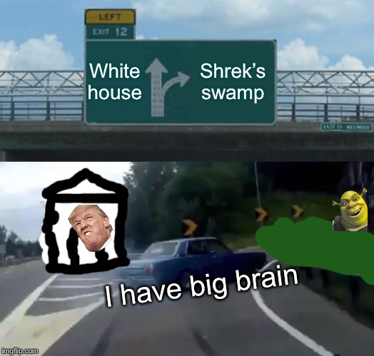 Left Exit 12 Off Ramp Meme | White house; Shrek’s swamp; I have big brain | image tagged in memes,left exit 12 off ramp | made w/ Imgflip meme maker