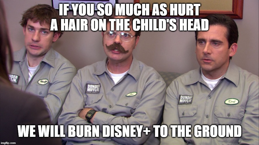 IF YOU SO MUCH AS HURT A HAIR ON THE CHILD'S HEAD; WE WILL BURN DISNEY+ TO THE GROUND | made w/ Imgflip meme maker