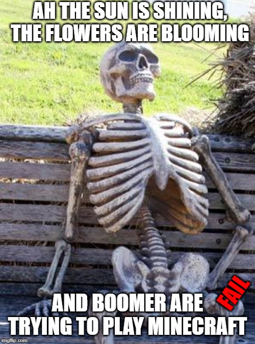 Waiting Skeleton Meme | AH THE SUN IS SHINING, THE FLOWERS ARE BLOOMING; AND BOOMER ARE TRYING TO PLAY MINECRAFT; FAIL | image tagged in memes,waiting skeleton | made w/ Imgflip meme maker