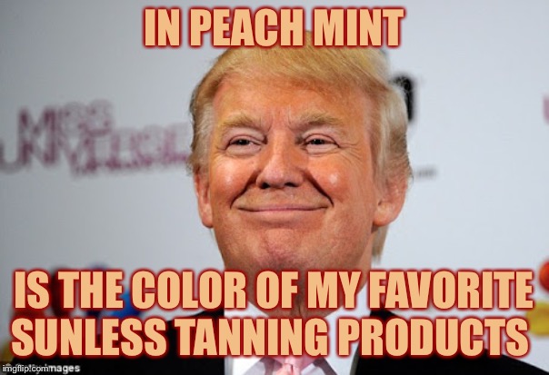 There You Have it Folks. It’s Not Oompa Loompa. | IN PEACH MINT; IS THE COLOR OF MY FAVORITE SUNLESS TANNING PRODUCTS | image tagged in donald trump approves,memes,funny,impeach trump,impeachment,bad pun | made w/ Imgflip meme maker