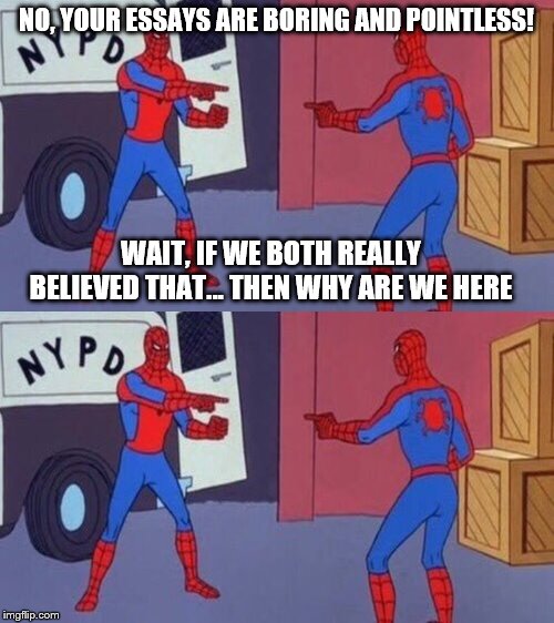 "Stop writing useless and boring essays on ImgFlip!" | NO, YOUR ESSAYS ARE BORING AND POINTLESS! WAIT, IF WE BOTH REALLY BELIEVED THAT... THEN WHY ARE WE HERE | image tagged in spiderman pointing at spiderman,debate,politics lol,politics,political,imgflip | made w/ Imgflip meme maker