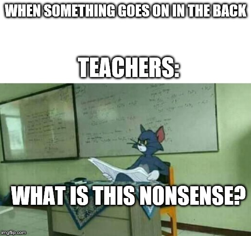 Tom in classroom | WHEN SOMETHING GOES ON IN THE BACK; TEACHERS:; WHAT IS THIS NONSENSE? | image tagged in tom in classroom | made w/ Imgflip meme maker