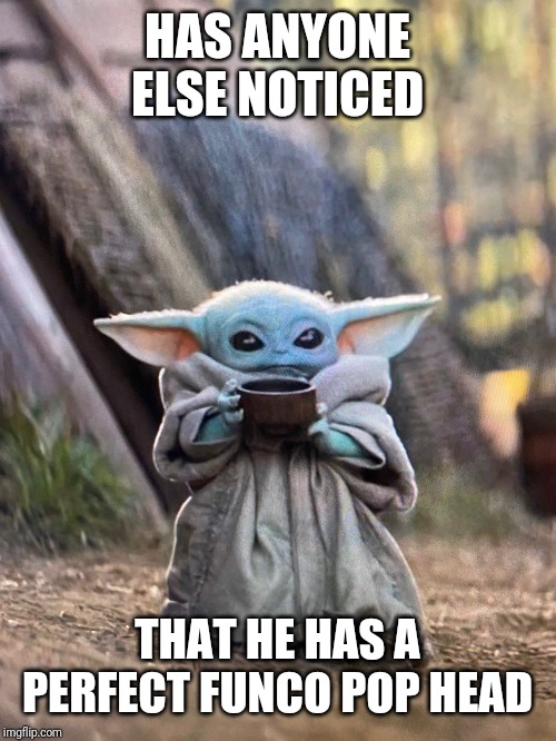 BABY YODA TEA | HAS ANYONE ELSE NOTICED; THAT HE HAS A PERFECT FUNCO POP HEAD | image tagged in baby yoda tea | made w/ Imgflip meme maker