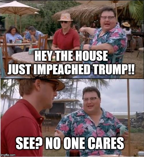See Nobody Cares Meme | HEY THE HOUSE JUST IMPEACHED TRUMP!! SEE? NO ONE CARES | image tagged in memes,see nobody cares | made w/ Imgflip meme maker