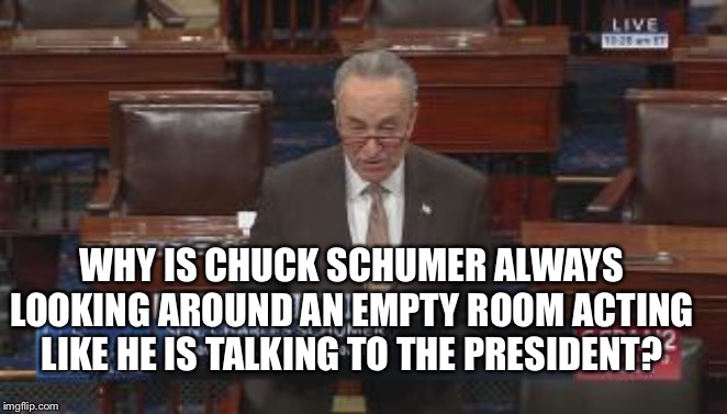 Empty Chuck | WHY IS CHUCK SCHUMER ALWAYS LOOKING AROUND AN EMPTY ROOM ACTING LIKE HE IS TALKING TO THE PRESIDENT? | image tagged in empty chuck | made w/ Imgflip meme maker