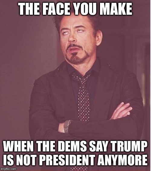 Face You Make Robert Downey Jr | THE FACE YOU MAKE; WHEN THE DEMS SAY TRUMP IS NOT PRESIDENT ANYMORE | image tagged in memes,face you make robert downey jr,trump,impeachment,democrats | made w/ Imgflip meme maker