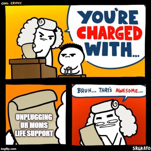 cool crimes | UNPLUGGING UR MOMS LIFE SUPPORT | image tagged in cool crimes | made w/ Imgflip meme maker