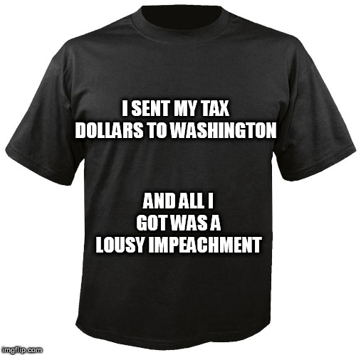 Blank T-Shirt | I SENT MY TAX DOLLARS TO WASHINGTON; AND ALL I GOT WAS A LOUSY IMPEACHMENT | image tagged in blank t-shirt | made w/ Imgflip meme maker