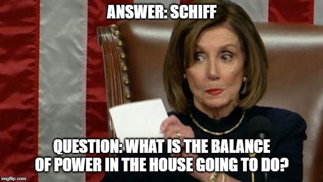 Prozac the Magnificent | ANSWER: SCHIFF; QUESTION: WHAT IS THE BALANCE OF POWER IN THE HOUSE GOING TO DO? | image tagged in politics,nancy pelosi,conservatives,trump impeachment | made w/ Imgflip meme maker