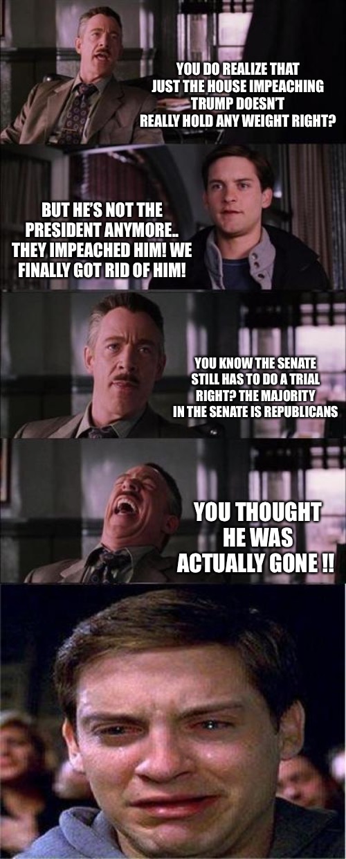 Peter Parker Cry | YOU DO REALIZE THAT JUST THE HOUSE IMPEACHING TRUMP DOESN’T REALLY HOLD ANY WEIGHT RIGHT? BUT HE’S NOT THE PRESIDENT ANYMORE.. THEY IMPEACHED HIM! WE FINALLY GOT RID OF HIM! YOU KNOW THE SENATE STILL HAS TO DO A TRIAL RIGHT? THE MAJORITY IN THE SENATE IS REPUBLICANS; YOU THOUGHT HE WAS ACTUALLY GONE !! | image tagged in memes,peter parker cry | made w/ Imgflip meme maker