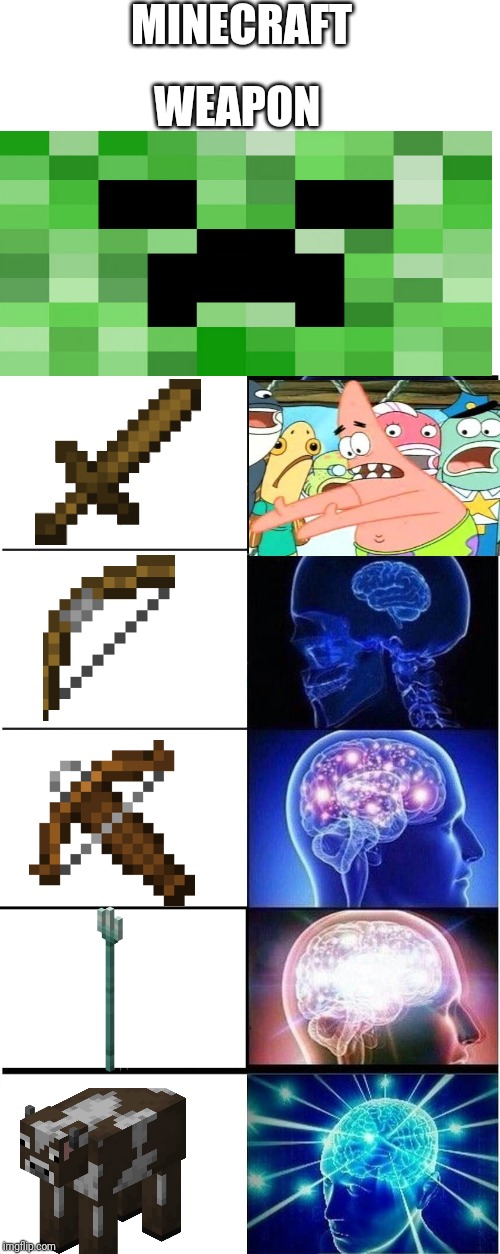 MINECRAFT; WEAPON | image tagged in memes,expanding brain,patrick,minecraft,weapons,attack | made w/ Imgflip meme maker