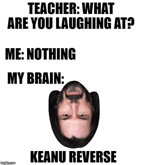 My Keanu Reeves boi | TEACHER: WHAT ARE YOU LAUGHING AT? ME: NOTHING; MY BRAIN:; KEANU REVERSE | image tagged in funny memes,keanu reeves,memes,dank memes,funny | made w/ Imgflip meme maker