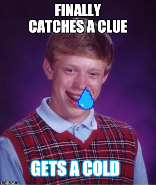 Bad Luck Brian | FINALLY CATCHES A CLUE; GETS A COLD | image tagged in memes,bad luck brian | made w/ Imgflip meme maker