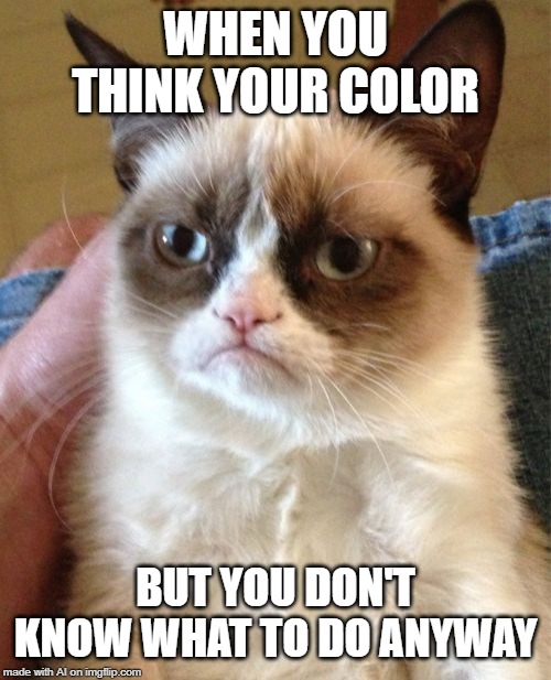 Grumpy Cat Meme | WHEN YOU THINK YOUR COLOR; BUT YOU DON'T KNOW WHAT TO DO ANYWAY | image tagged in memes,grumpy cat | made w/ Imgflip meme maker
