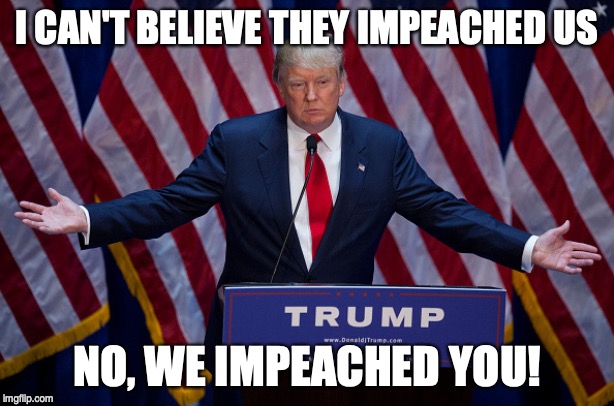 Dictator/Divider in Chief | I CAN'T BELIEVE THEY IMPEACHED US; NO, WE IMPEACHED YOU! | image tagged in donald trump | made w/ Imgflip meme maker