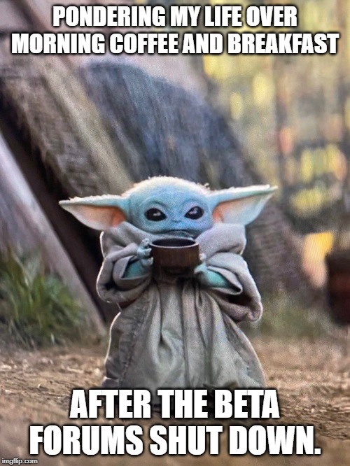 BABY YODA TEA | PONDERING MY LIFE OVER MORNING COFFEE AND BREAKFAST; AFTER THE BETA FORUMS SHUT DOWN. | image tagged in baby yoda tea | made w/ Imgflip meme maker