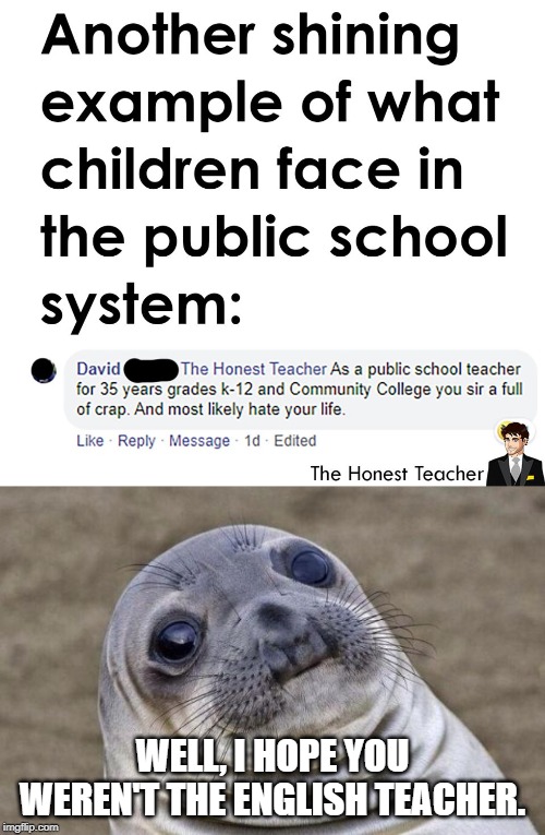 WELL, I HOPE YOU WEREN'T THE ENGLISH TEACHER. | image tagged in memes,awkward moment sealion | made w/ Imgflip meme maker