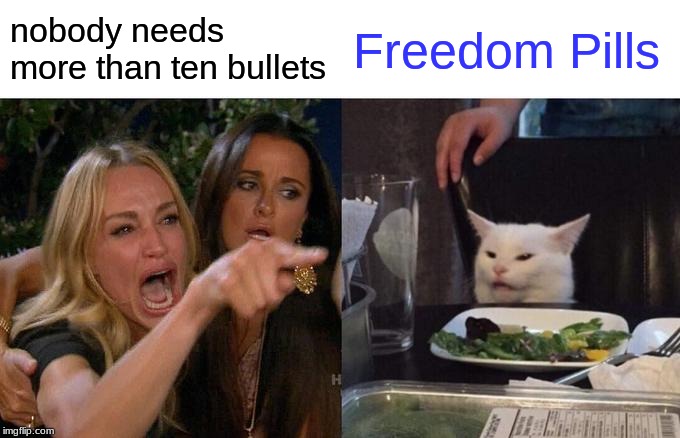 Woman Yelling At Cat | nobody needs more than ten bullets; Freedom Pills | image tagged in memes,woman yelling at cat | made w/ Imgflip meme maker