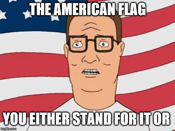 American Hank Hill | THE AMERICAN FLAG; YOU EITHER STAND FOR IT OR | image tagged in american hank hill | made w/ Imgflip meme maker