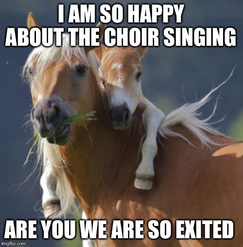 Foal Of Mine | I AM SO HAPPY ABOUT THE CHOIR SINGING; ARE YOU WE ARE SO EXITED | image tagged in memes,foal of mine | made w/ Imgflip meme maker