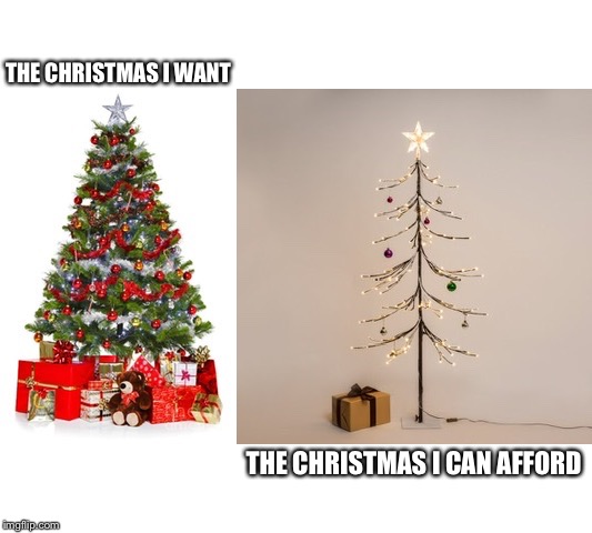THE CHRISTMAS I WANT; THE CHRISTMAS I CAN AFFORD | image tagged in christmas,broke | made w/ Imgflip meme maker