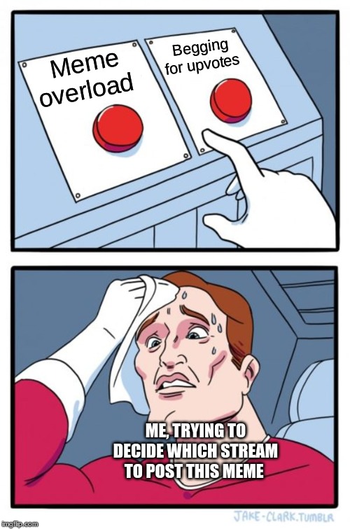 Two Buttons Meme | Begging for upvotes; Meme overload; ME, TRYING TO DECIDE WHICH STREAM TO POST THIS MEME | image tagged in memes,two buttons | made w/ Imgflip meme maker