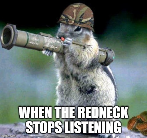 Bazooka Squirrel Meme | WHEN THE REDNECK STOPS LISTENING | image tagged in memes,bazooka squirrel | made w/ Imgflip meme maker