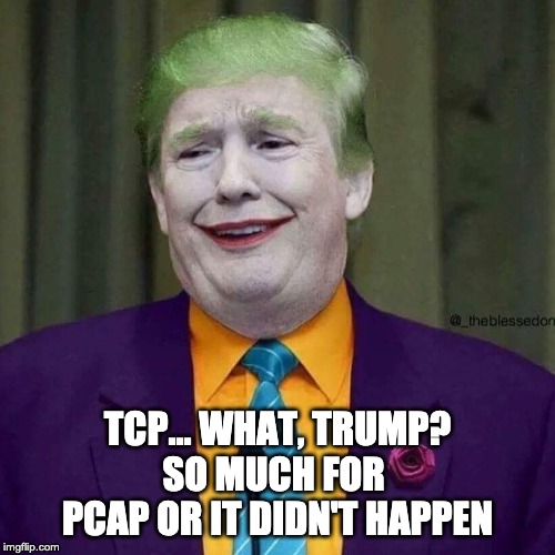 Tronald Dump | TCP... WHAT, TRUMP?
SO MUCH FOR 
PCAP OR IT DIDN'T HAPPEN | image tagged in tronald dump | made w/ Imgflip meme maker