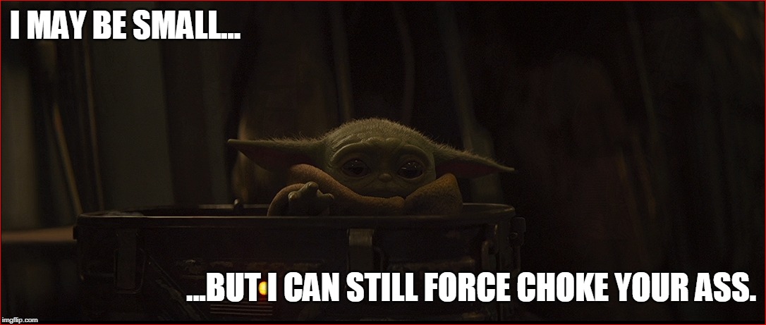 I MAY BE SMALL... ...BUT I CAN STILL FORCE CHOKE YOUR ASS. | image tagged in star wars,baby yoda,mandalorian | made w/ Imgflip meme maker