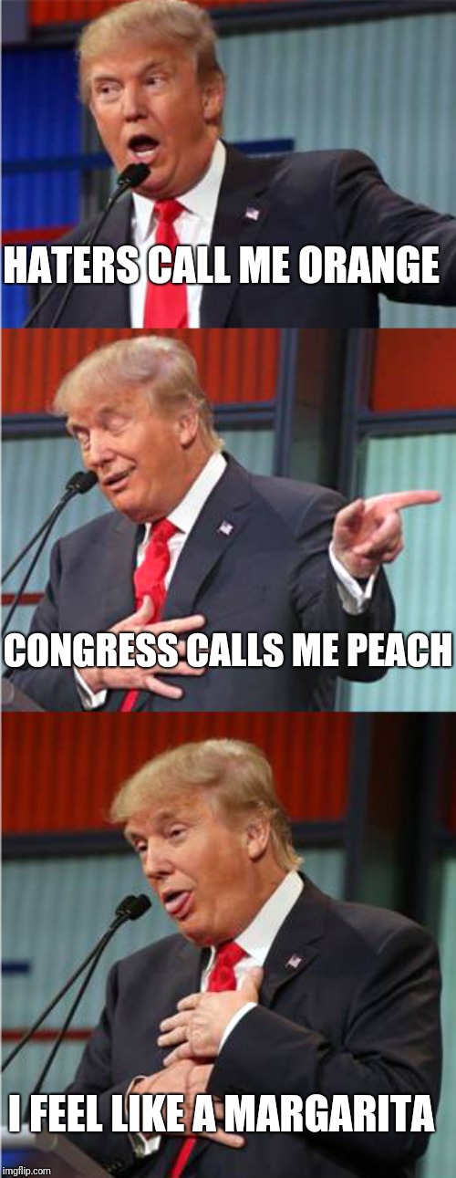 Bad Pun Trump | HATERS CALL ME ORANGE; CONGRESS CALLS ME PEACH; I FEEL LIKE A MARGARITA | image tagged in bad pun trump | made w/ Imgflip meme maker