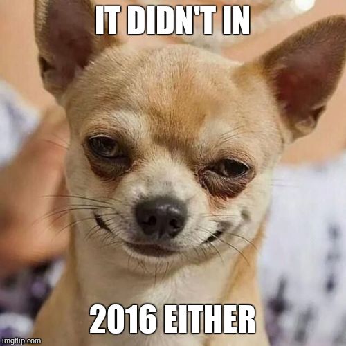 Smirking Dog | IT DIDN'T IN 2016 EITHER | image tagged in smirking dog | made w/ Imgflip meme maker