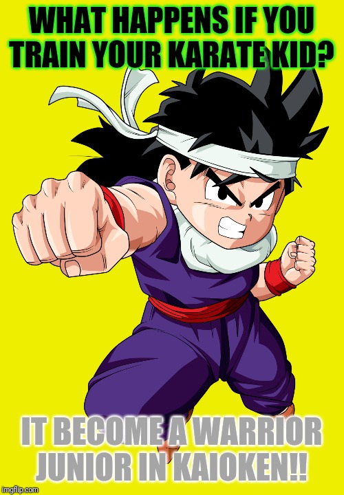 DBZ Question Trivia | WHAT HAPPENS IF YOU TRAIN YOUR KARATE KID? IT BECOME A WARRIOR JUNIOR IN KAIOKEN!! | image tagged in anime,action,comics/cartoons,fighting,tv shows,karate | made w/ Imgflip meme maker