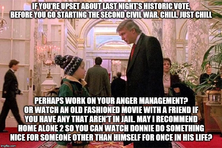 Trump Home Alone 2 | IF YOU'RE UPSET ABOUT LAST NIGHT'S HISTORIC VOTE, BEFORE YOU GO STARTING THE SECOND CIVIL WAR. CHILL. JUST CHILL; PERHAPS WORK ON YOUR ANGER MANAGEMENT? OR WATCH AN OLD FASHIONED MOVIE WITH A FRIEND IF YOU HAVE ANY THAT AREN'T IN JAIL. MAY I RECOMMEND HOME ALONE 2 SO YOU CAN WATCH DONNIE DO SOMETHING NICE FOR SOMEONE OTHER THAN HIMSELF FOR ONCE IN HIS LIFE? | image tagged in trump home alone 2 | made w/ Imgflip meme maker