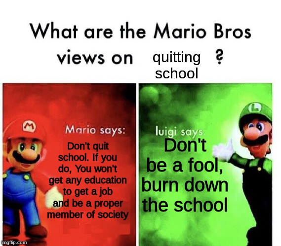 Listen to Luigi | quitting school; Don't quit school. If you do, You won't get any education to get a job and be a proper member of society; Don't be a fool, burn down the school | image tagged in mario bros views | made w/ Imgflip meme maker