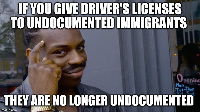 Roll Safe Think About It | IF YOU GIVE DRIVER'S LICENSES TO UNDOCUMENTED IMMIGRANTS; THEY ARE NO LONGER UNDOCUMENTED | image tagged in memes,roll safe think about it | made w/ Imgflip meme maker