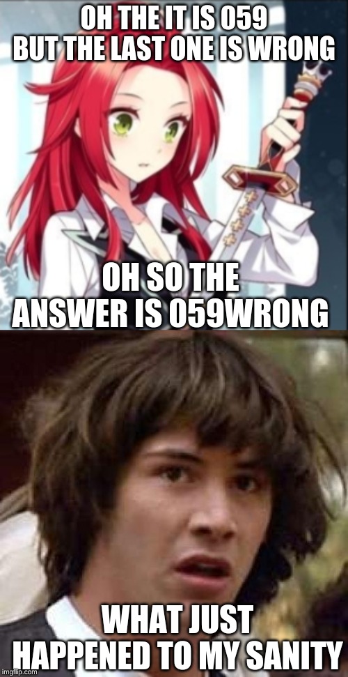 OH THE IT IS 059 BUT THE LAST ONE IS WRONG; OH SO THE ANSWER IS 059WRONG; WHAT JUST HAPPENED TO MY SANITY | image tagged in memes,conspiracy keanu | made w/ Imgflip meme maker