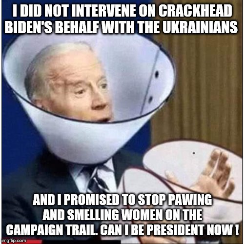 I DID NOT INTERVENE ON CRACKHEAD BIDEN'S BEHALF WITH THE UKRAINIANS; AND I PROMISED TO STOP PAWING AND SMELLING WOMEN ON THE CAMPAIGN TRAIL. CAN I BE PRESIDENT NOW ! | image tagged in joe biden,2020 elections,democrats | made w/ Imgflip meme maker