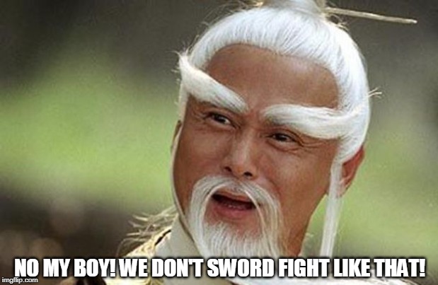 kung fu master | NO MY BOY! WE DON'T SWORD FIGHT LIKE THAT! | image tagged in kung fu master | made w/ Imgflip meme maker