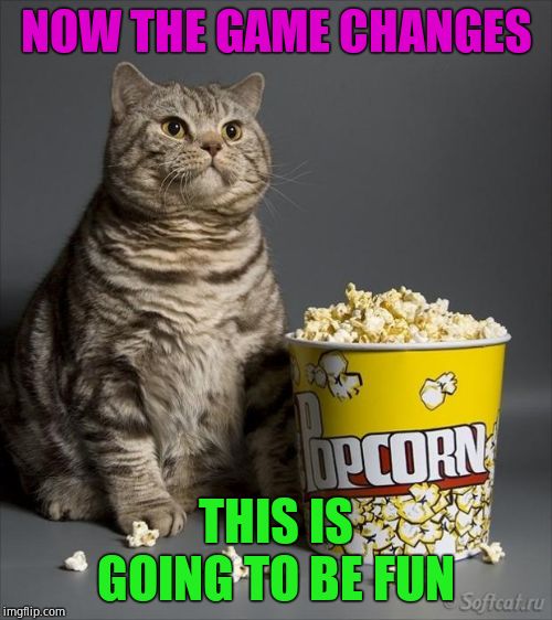 :) | NOW THE GAME CHANGES; THIS IS GOING TO BE FUN | image tagged in cat eating popcorn,impeachment,republican controlled senate | made w/ Imgflip meme maker