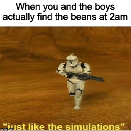 Yep, a dead meme | When you and the boys actually find the beans at 2am | image tagged in just like the simulations,me and the boys at 2am,beans | made w/ Imgflip meme maker