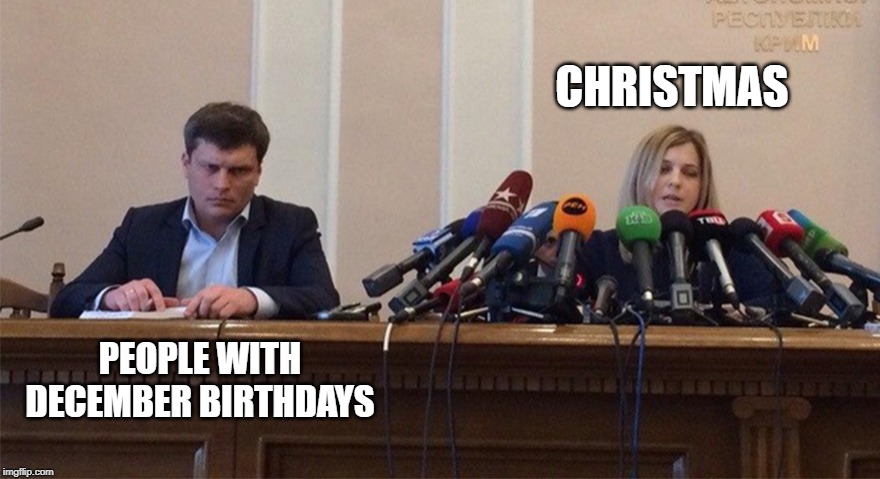 So we're combining your birthday and Christmas gift again... | CHRISTMAS; PEOPLE WITH DECEMBER BIRTHDAYS | image tagged in man and woman microphone | made w/ Imgflip meme maker
